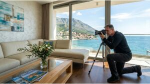 Profesionalni fotograf snima luksuzni apartman sa pogledom na more u Crnoj Gori